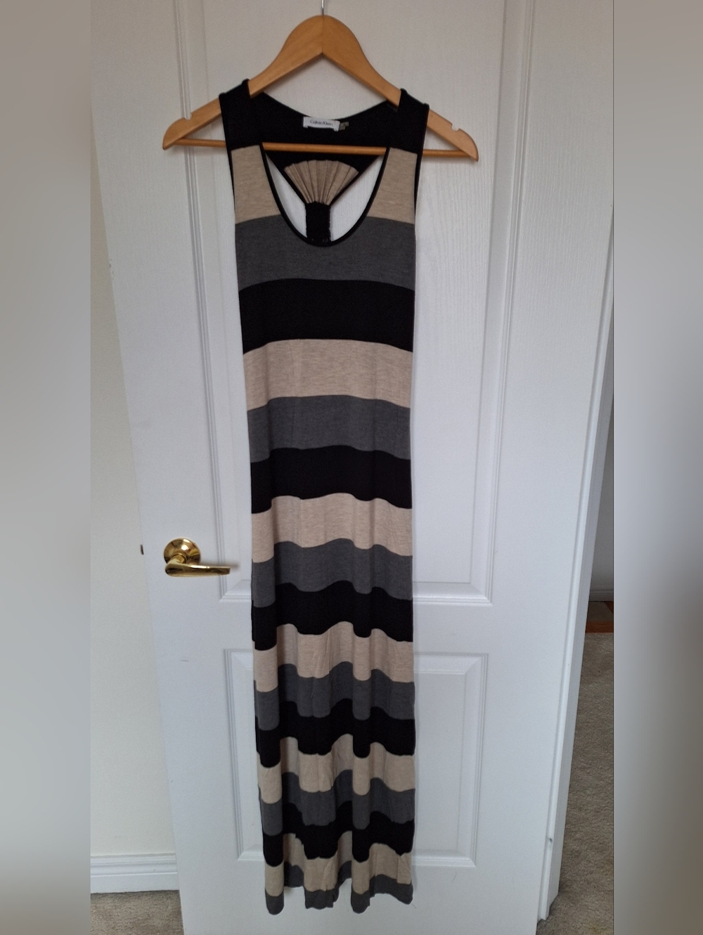 Calvin Klein Striped Summer Maxi Dress in Black, Grey, and Beige With Racer Back